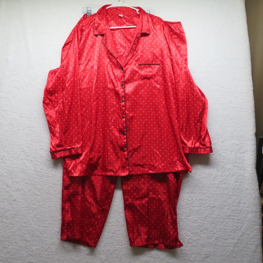 PINK Victoria's Secret Red Polka Dot Satin Pajama Set 2X Button Up Long Sleeve